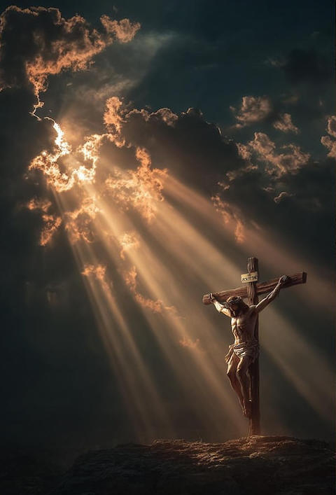 Jesus Crucifixion Wall Art Canvas Art Christian Religious Poster Spiritual Artwork Light Rays from Heaven Calvary Decor image 1